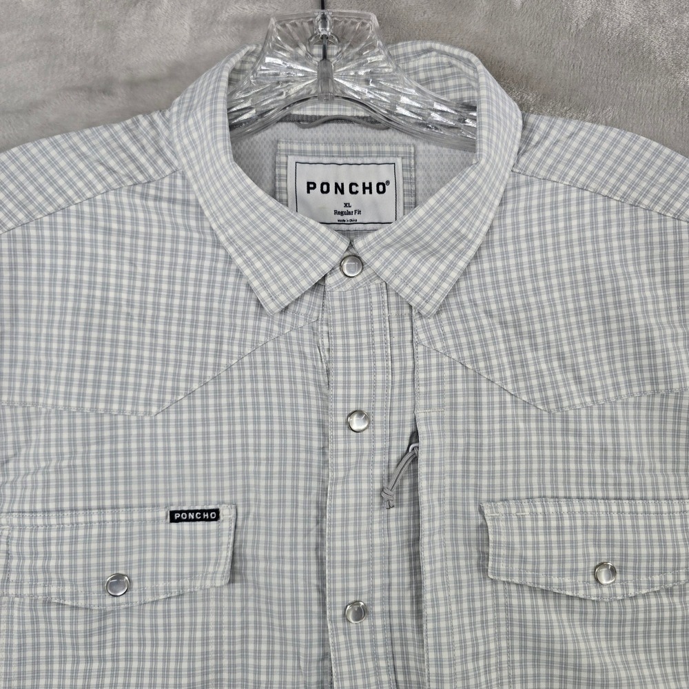 Poncho Western Shirt Mens XL Grey Plaid Pearl Snap Short Sleeve Regular Fit